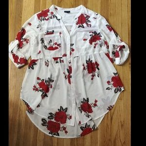 sheer white with red flowers shirt